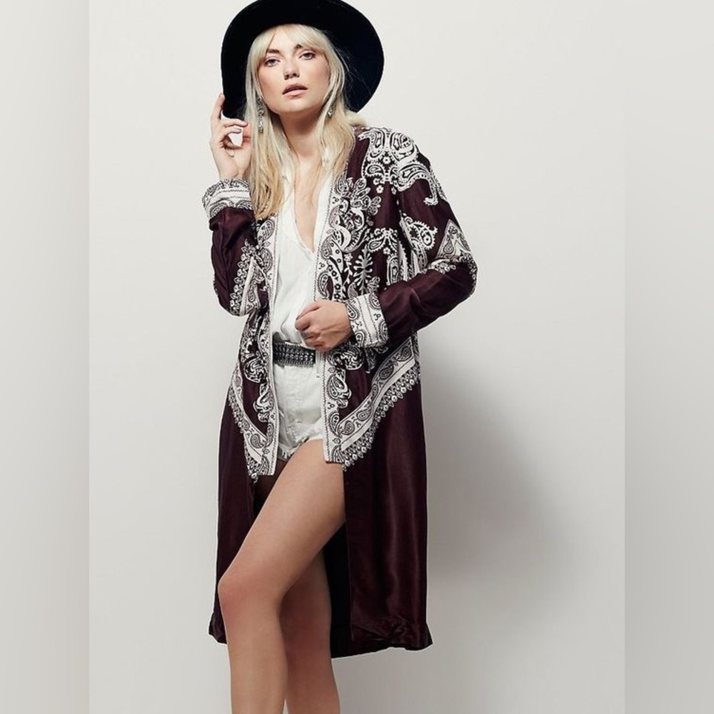 Free People Maroon Duster with White Paisley Embroidery